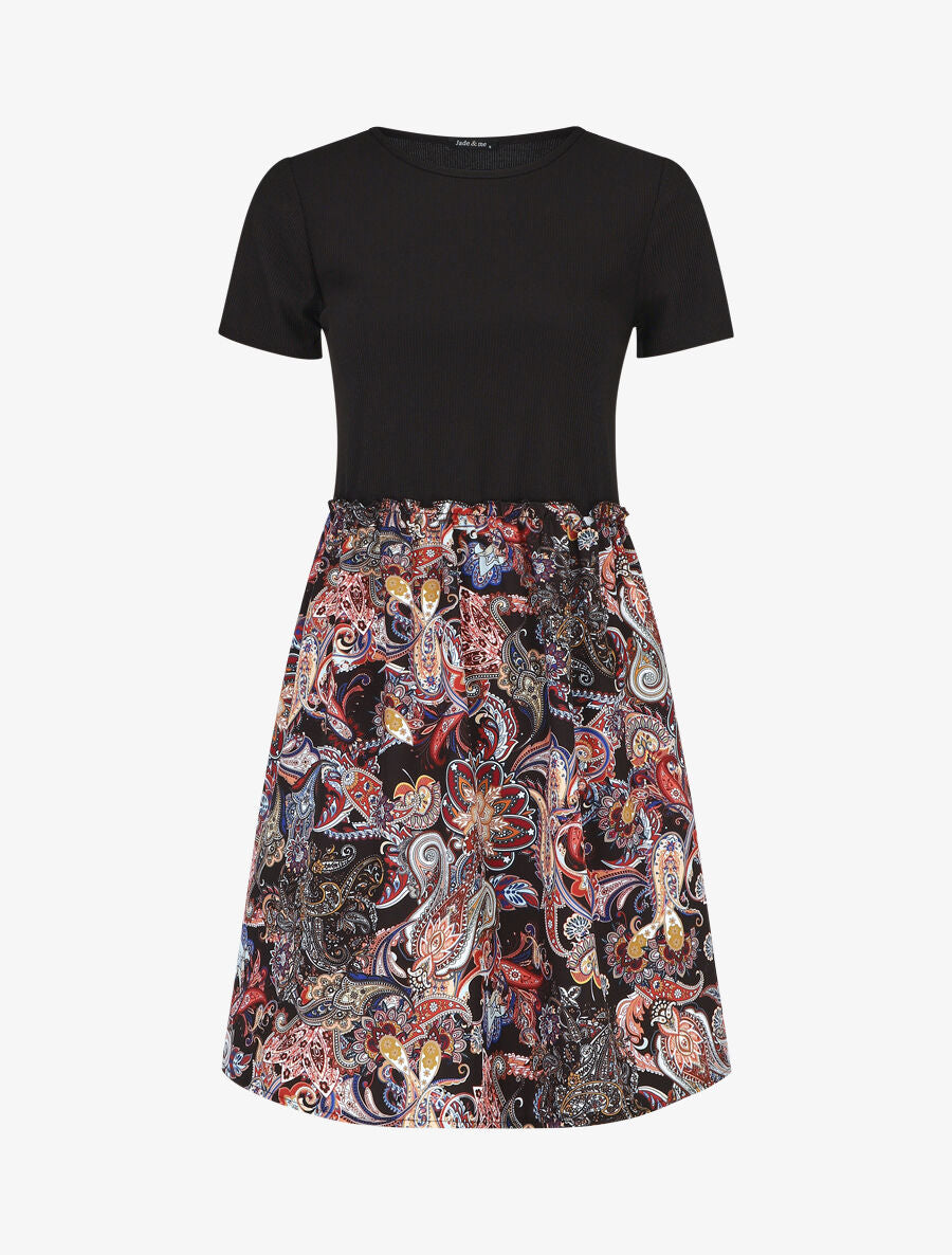 Robe évasée manches courtes imprimé cachemire - Noir - 4