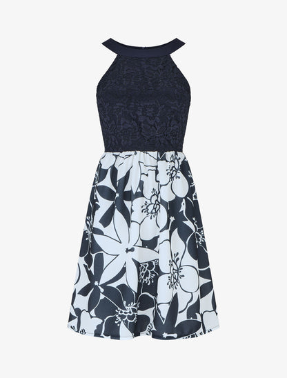Robe évasée sans manches imprimé floral - Marine - 1