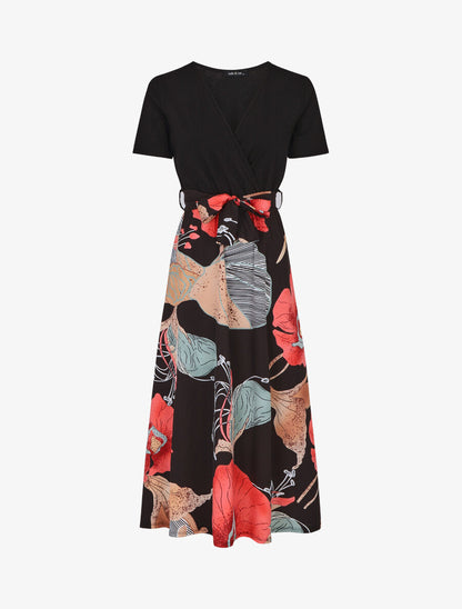Robe longue manches courtes imprimé grandes fleurs - Noir - 1