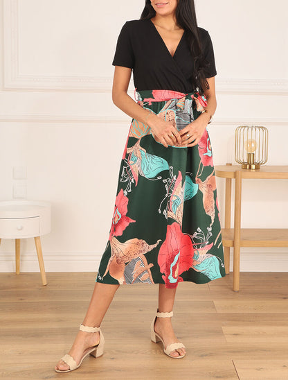 Robe longue manches courtes imprimé grandes fleurs - Vert foncé - 4