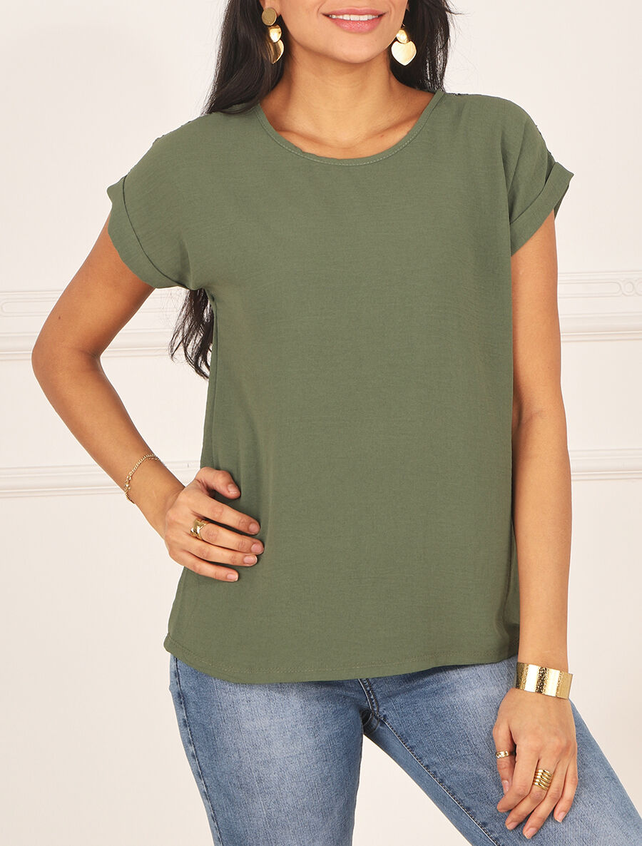Top manches courtes uni dos en dentelle - Kaki - 4