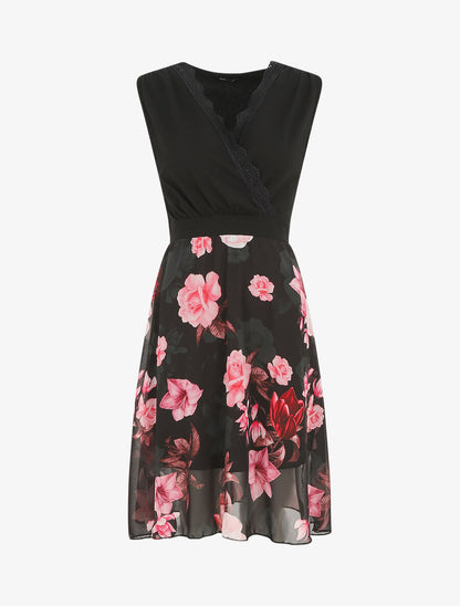 Robe mi-longue fleurie sans manches col cache-coeur - Noir - 5