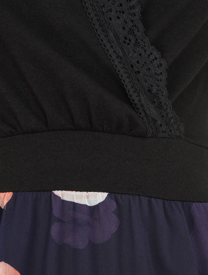Robe mi-longue fleurie sans manches col cache-coeur - Marine - 3