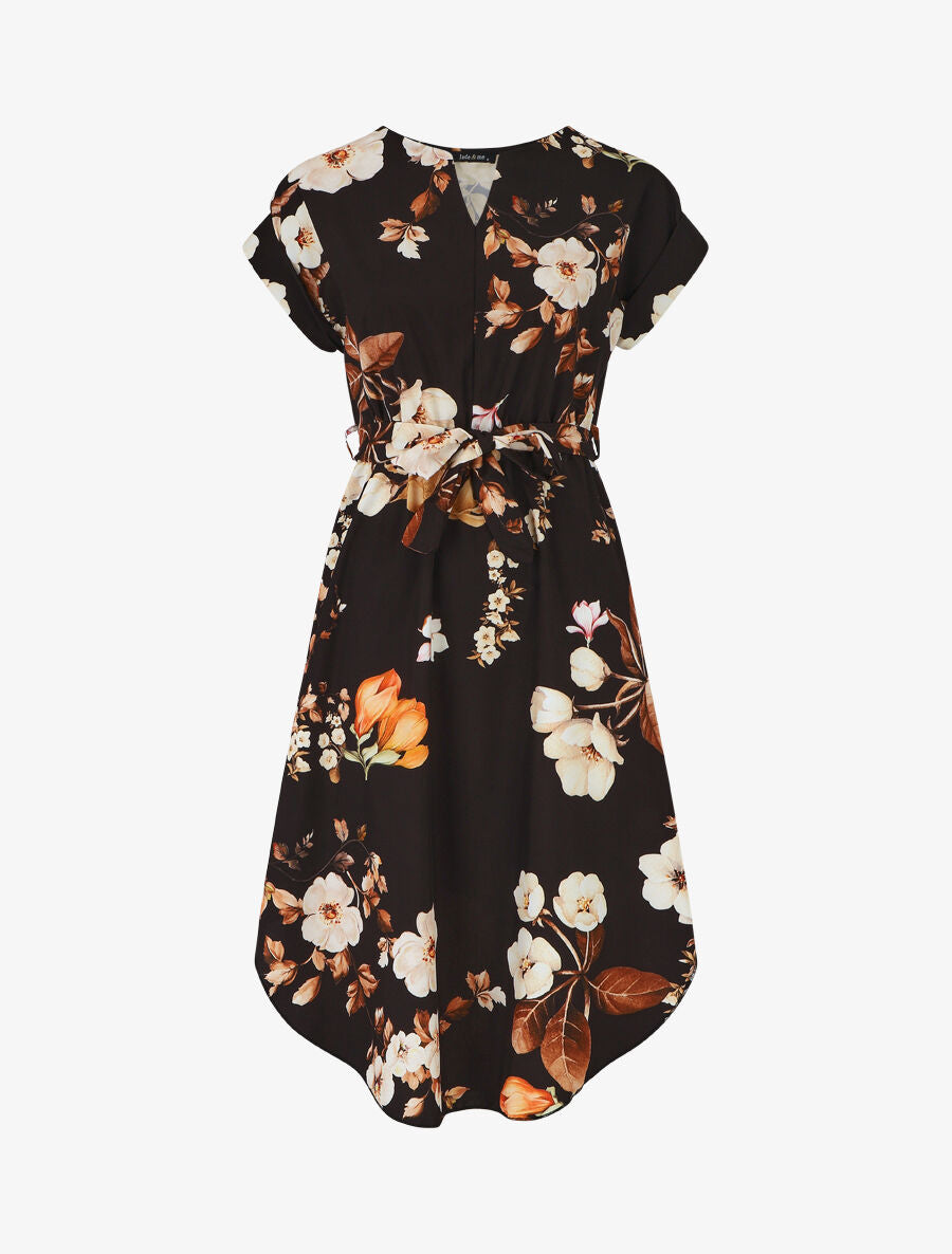Robe mi-longue manches courtes imprimé floral - Noir - 1