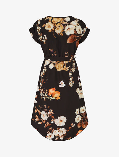 Robe mi-longue manches courtes imprimé floral - Noir - 2