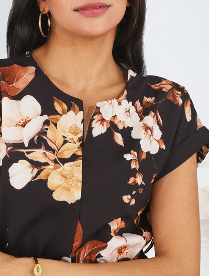 Robe mi-longue manches courtes imprimé floral - Noir - 6