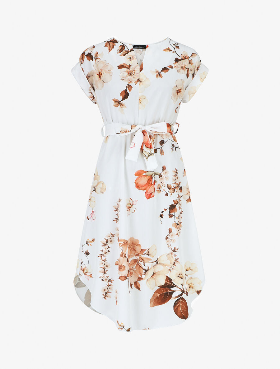 Robe mi-longue manches courtes imprimé floral - Blanc - 1