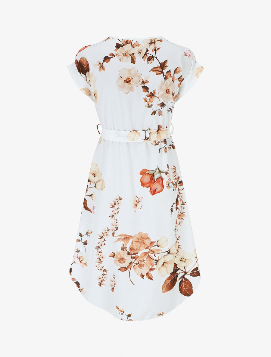 Robe mi-longue manches courtes imprimé floral - Blanc - 2