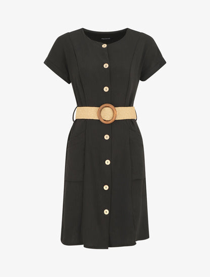 Robe courte unie boutonnée à manches courtes - Noir - 4