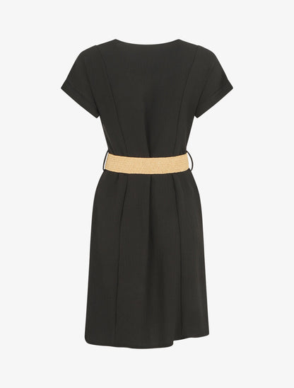Robe courte unie boutonnée à manches courtes - Noir - 2