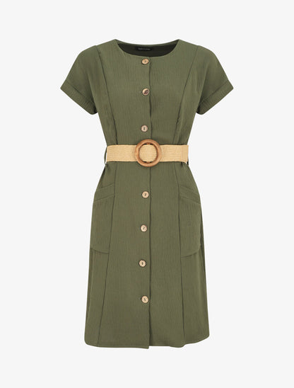Robe courte unie boutonnée à manches courtes - Kaki - 1
