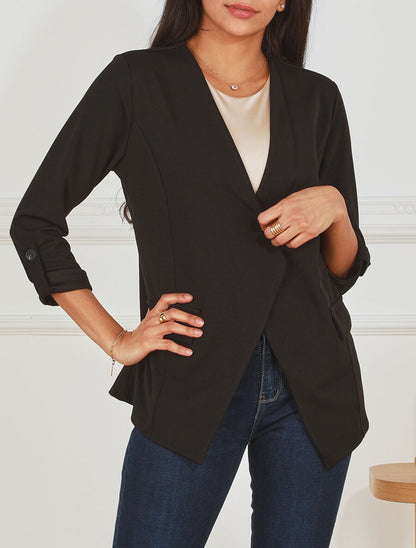Veste droite unie col cascade - Noir - 4
