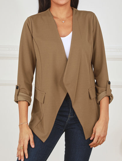 Veste droite unie col cascade - Camel - 4