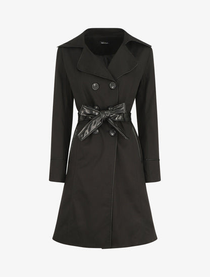 Trench mi-long uni à ceinture en simili - Noir - 5