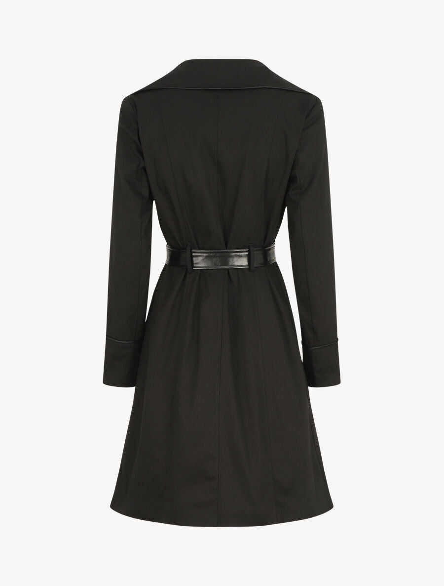 Trench mi-long uni à ceinture en simili - Noir - 2