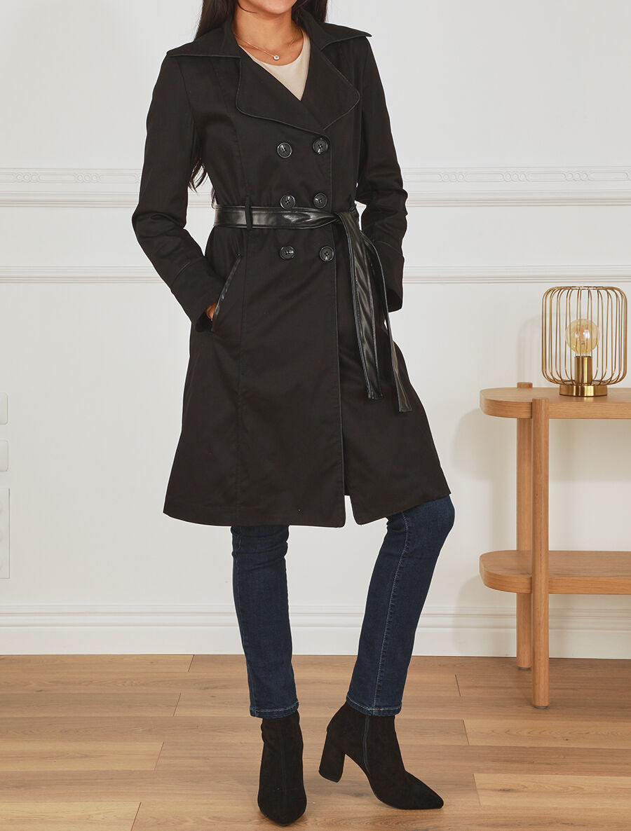 Trench mi-long uni à ceinture en simili - Noir - 4