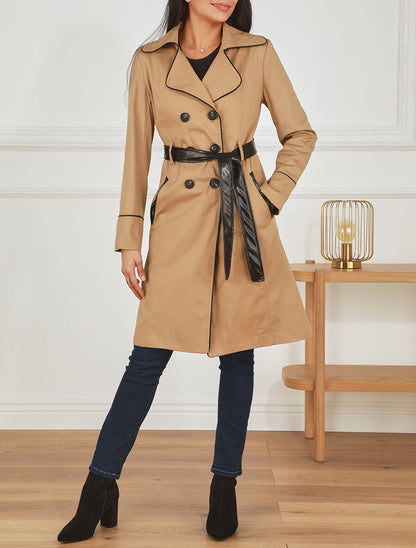 Trench mi-long uni à ceinture en simili - Beige - 4
