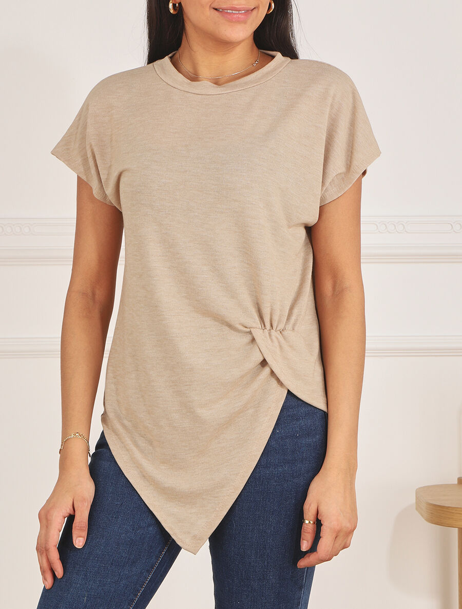 Top en maille ample asymétrique manches courtes - Beige - 4
