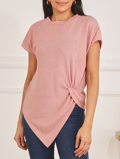 Top en maille ample asymétrique manches courtes - Rose - 4