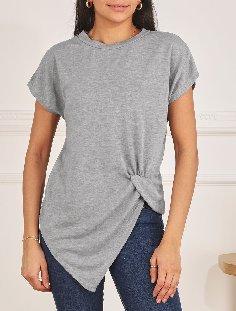 Top en maille ample asymétrique manches courtes - Gris - 4