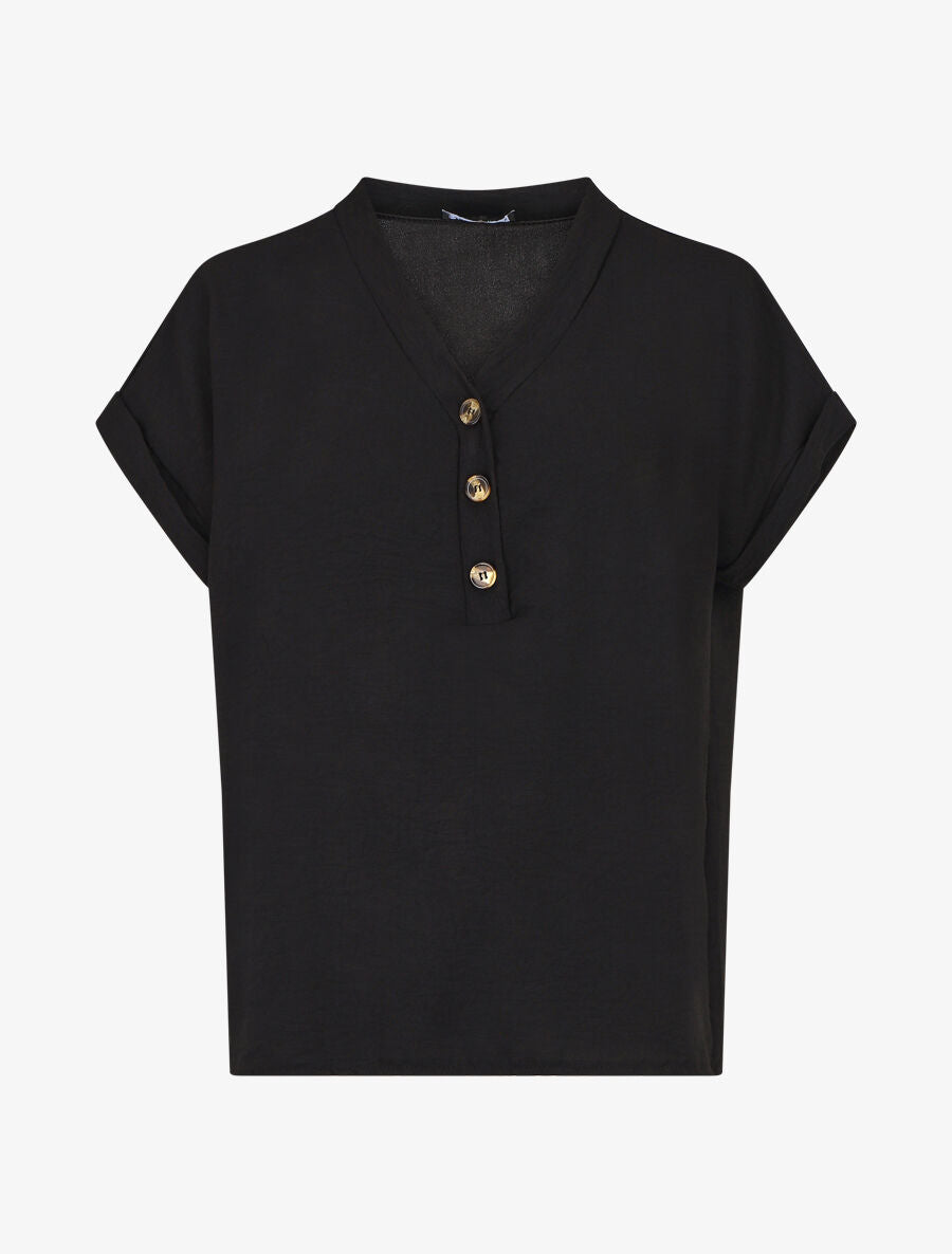 Top droit col V boutonné manches courtes - Noir - 1