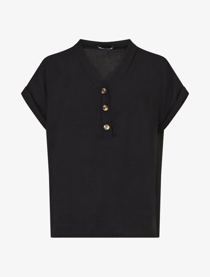 Top droit col V boutonné manches courtes - Noir - 1