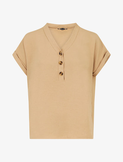 Top droit col V boutonné manches courtes - Beige - 1
