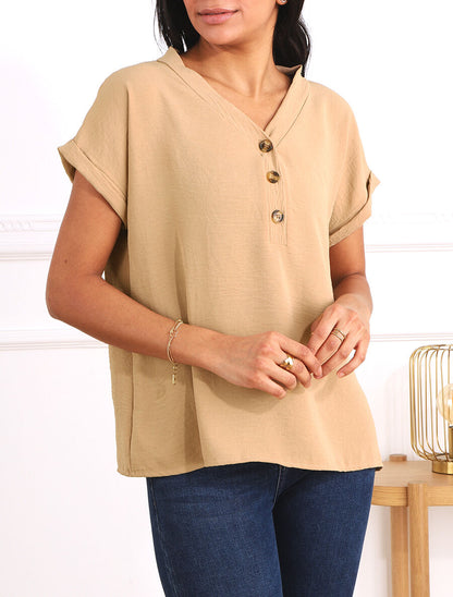Top droit col V boutonné manches courtes - Beige - 4
