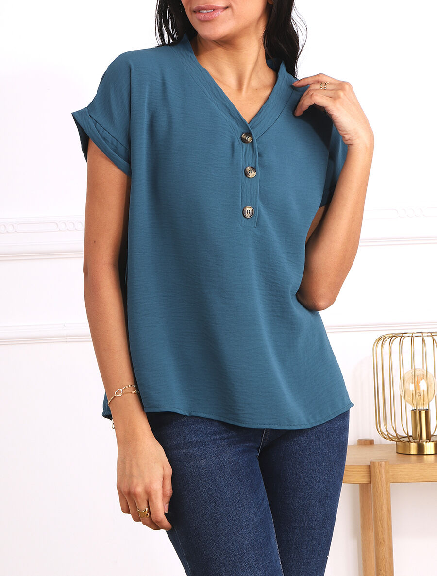 Top droit col V boutonné manches courtes - Bleu - 4
