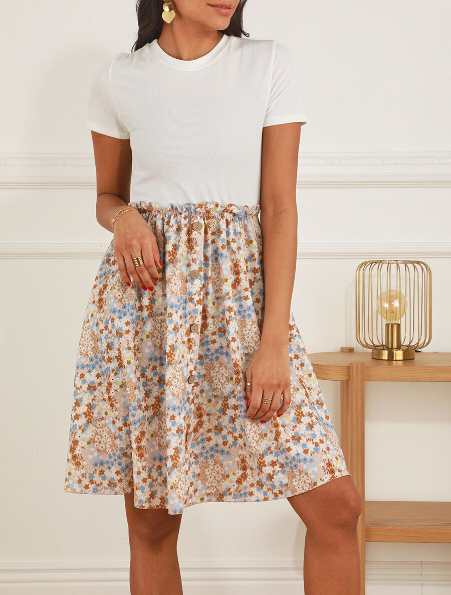Robe bi-matière manches courtes imprimé fleuri - Beige/blanc - 4