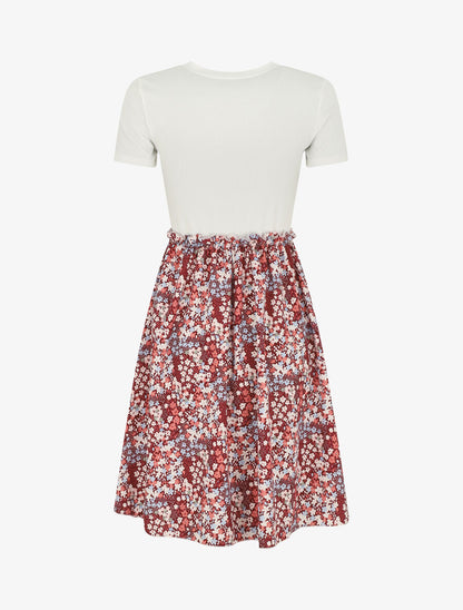 Robe bi-matière manches courtes imprimé fleuri - Bordeaux/blanc - 2
