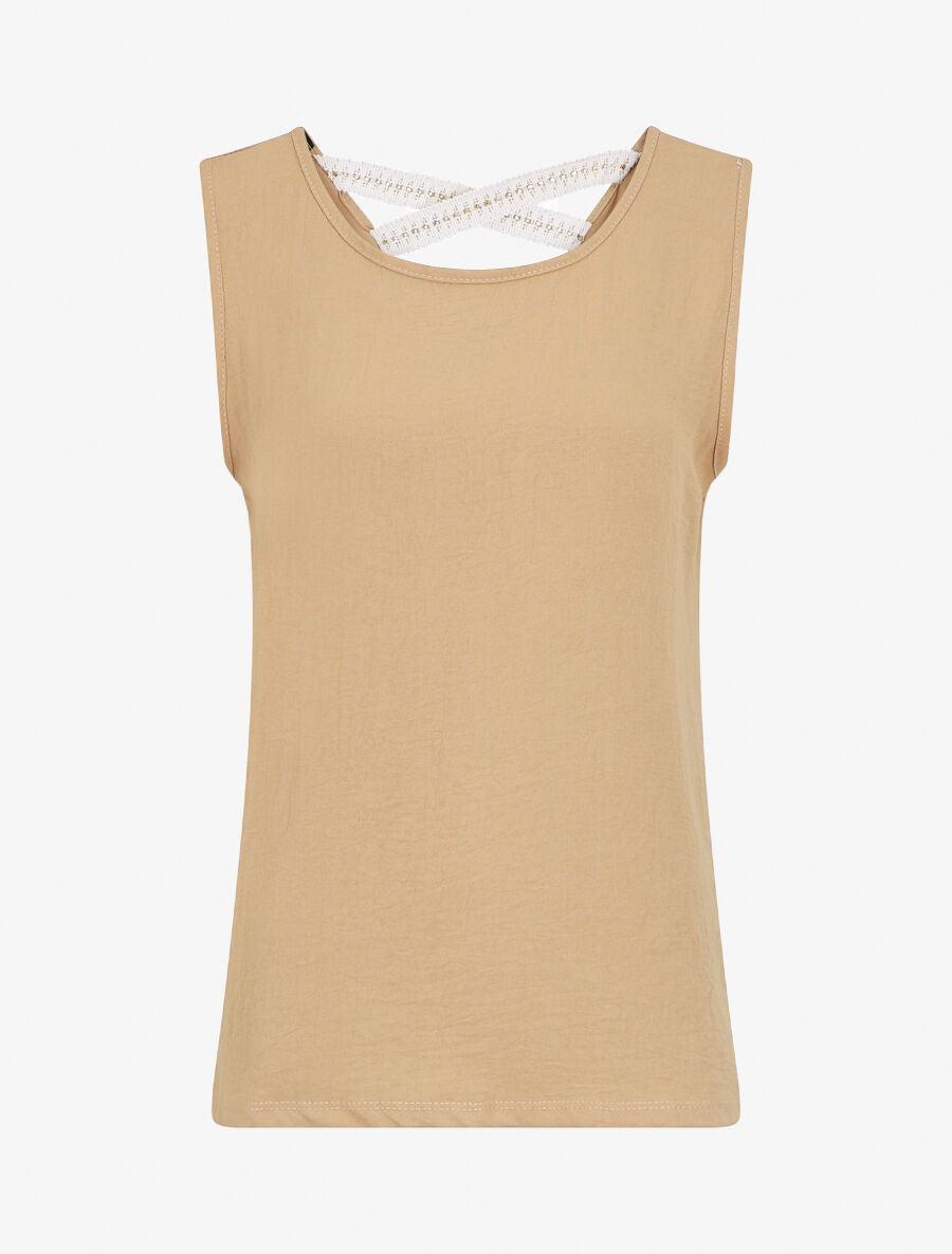 Top droit sans manches uni dos en V - Beige - 1