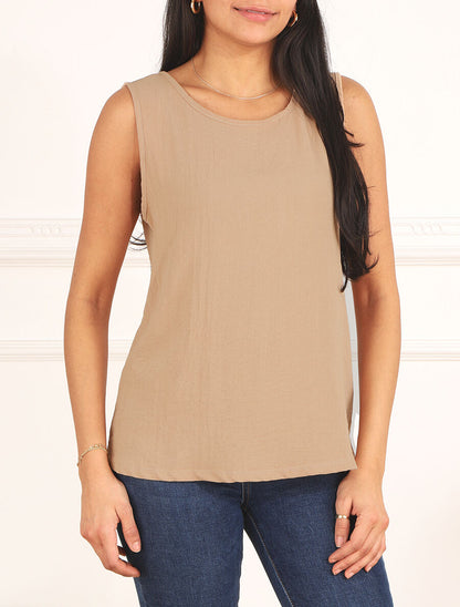 Top droit sans manches uni dos en V - Beige - 4