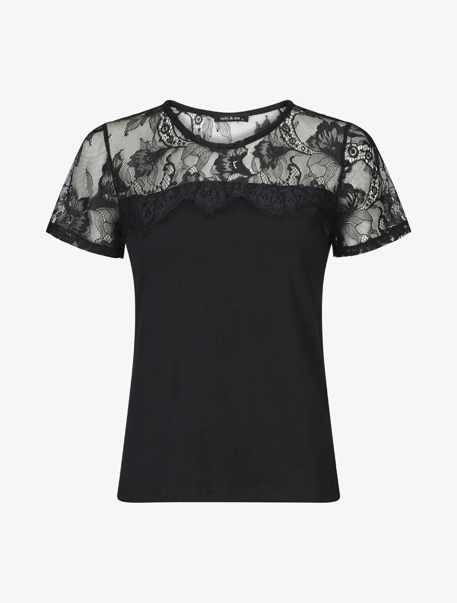 Top uni et dentelle - Noir - 6