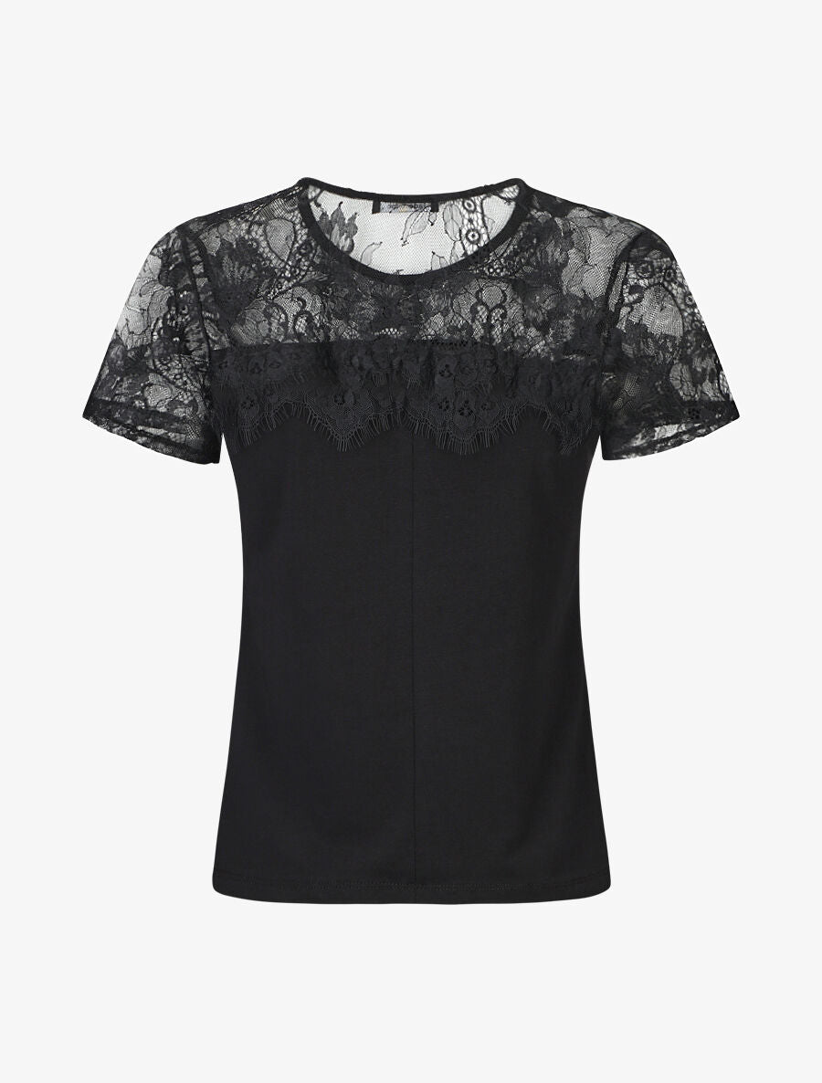 Top uni et dentelle - Noir - 2