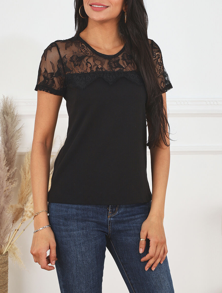 Top uni et dentelle - Noir - 4