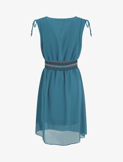 Robe mi-longue sans manches taille élastiquée stylisée - Bleu canard - 2