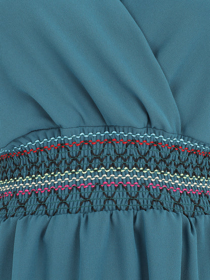 Robe mi-longue sans manches taille élastiquée stylisée - Bleu canard - 3