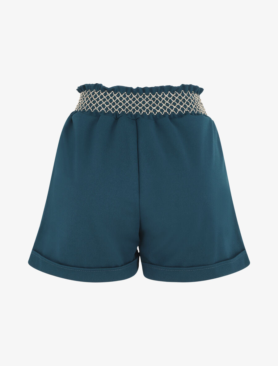 Short à taille élastiquée et à revers - Bleu canard - 2