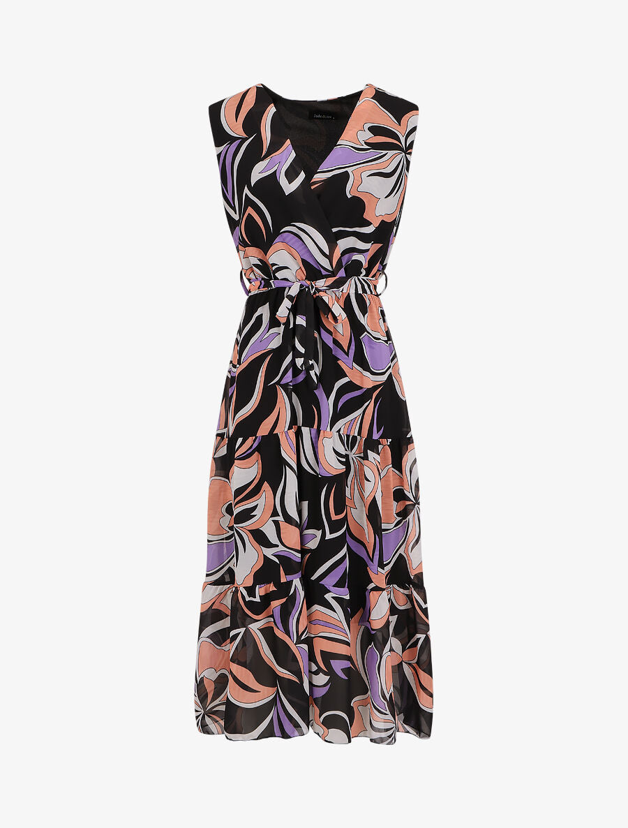 Robe fleurie évasée longue sans manches - Noir/violet - 1