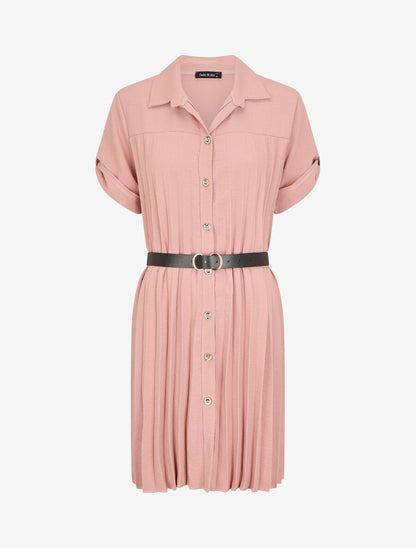 Robe chemise effet plissé à manches 3/4 - Vieux rose - 1