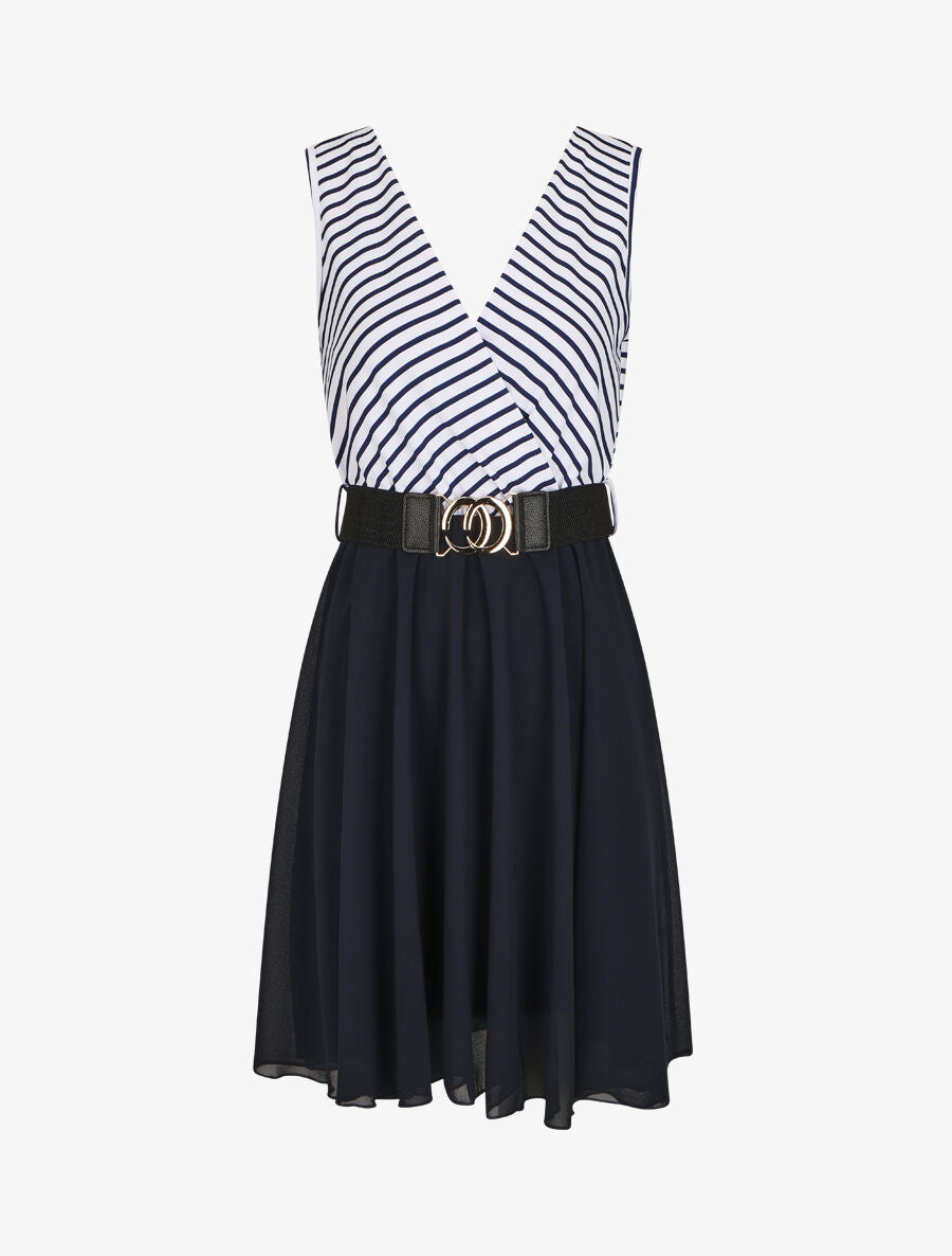 Robe bi-matière à haut imprimé style marinière - Marine - 1
