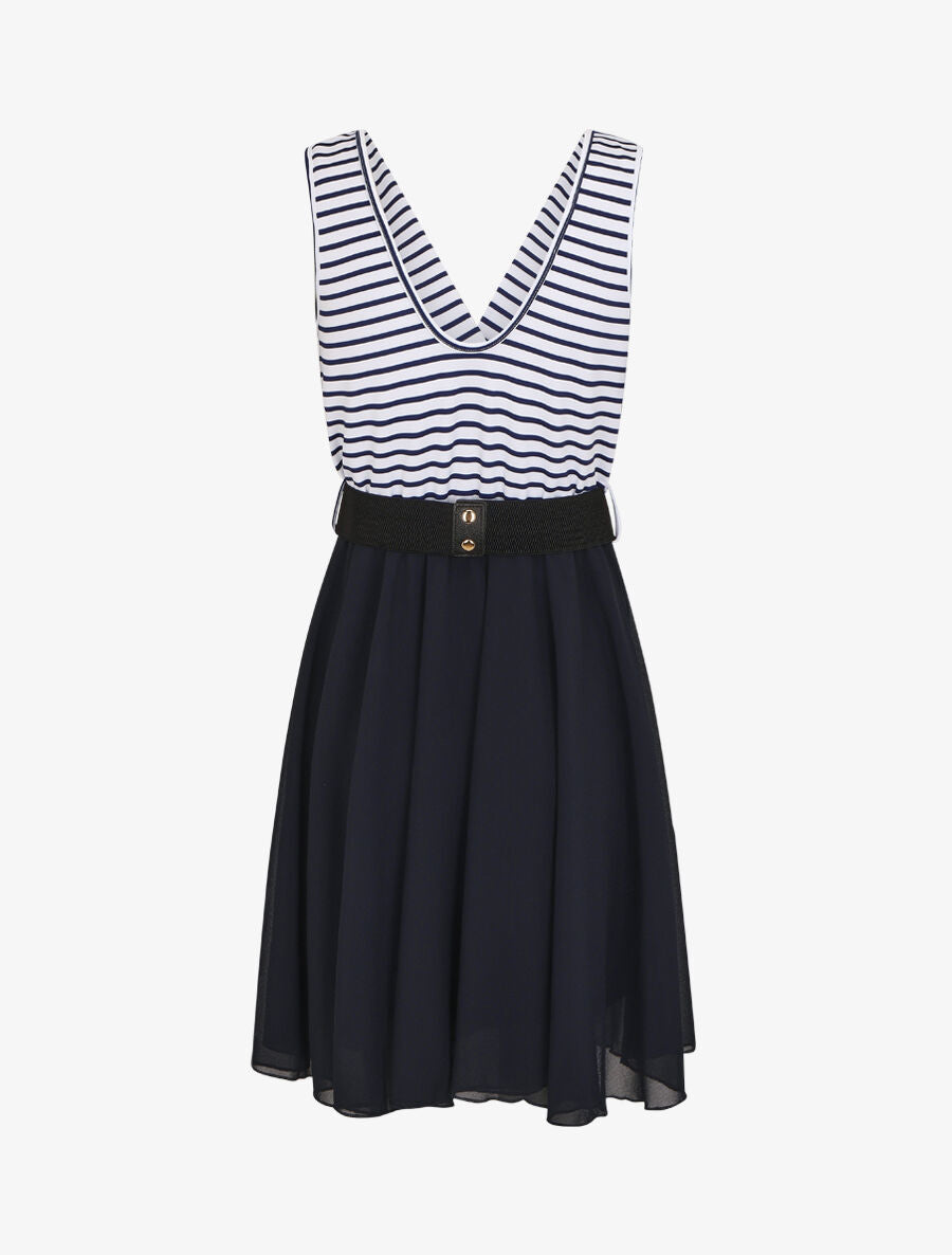 Robe bi-matière à haut imprimé style marinière - Marine - 2
