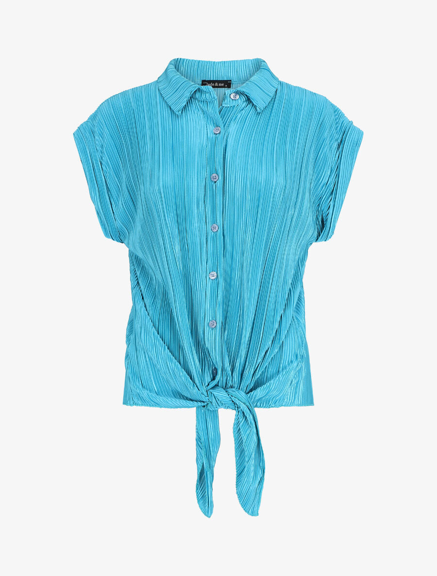 Chemise plissée à noeud et manches courtes - Turquoise - 5
