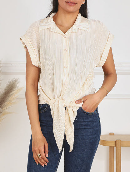 Chemise plissée à noeud et manches courtes - Beige - 4
