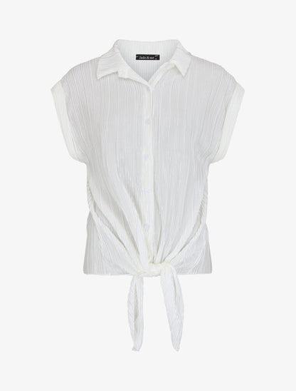 Chemise plissée à noeud et manches courtes - Blanc - 1