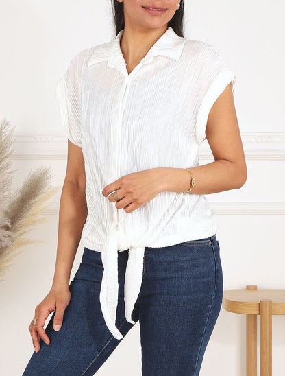 Chemise plissée à noeud et manches courtes - Blanc - 4