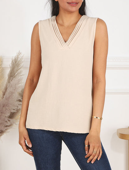 Top droit sans manches col V - Beige - 4