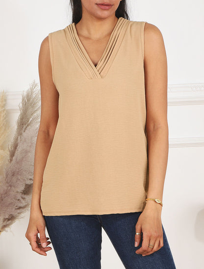 Top droit sans manches col V - Camel - 4