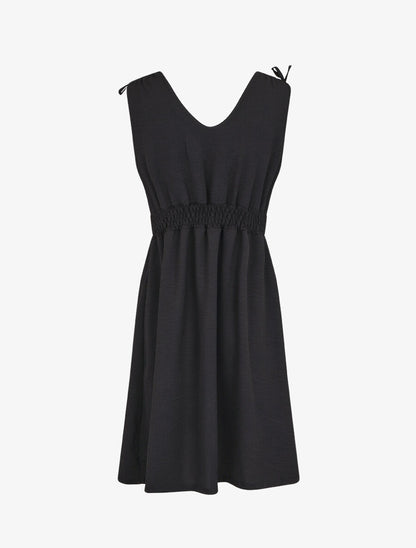 Robe uni à taille élastiquée - Noir - 2